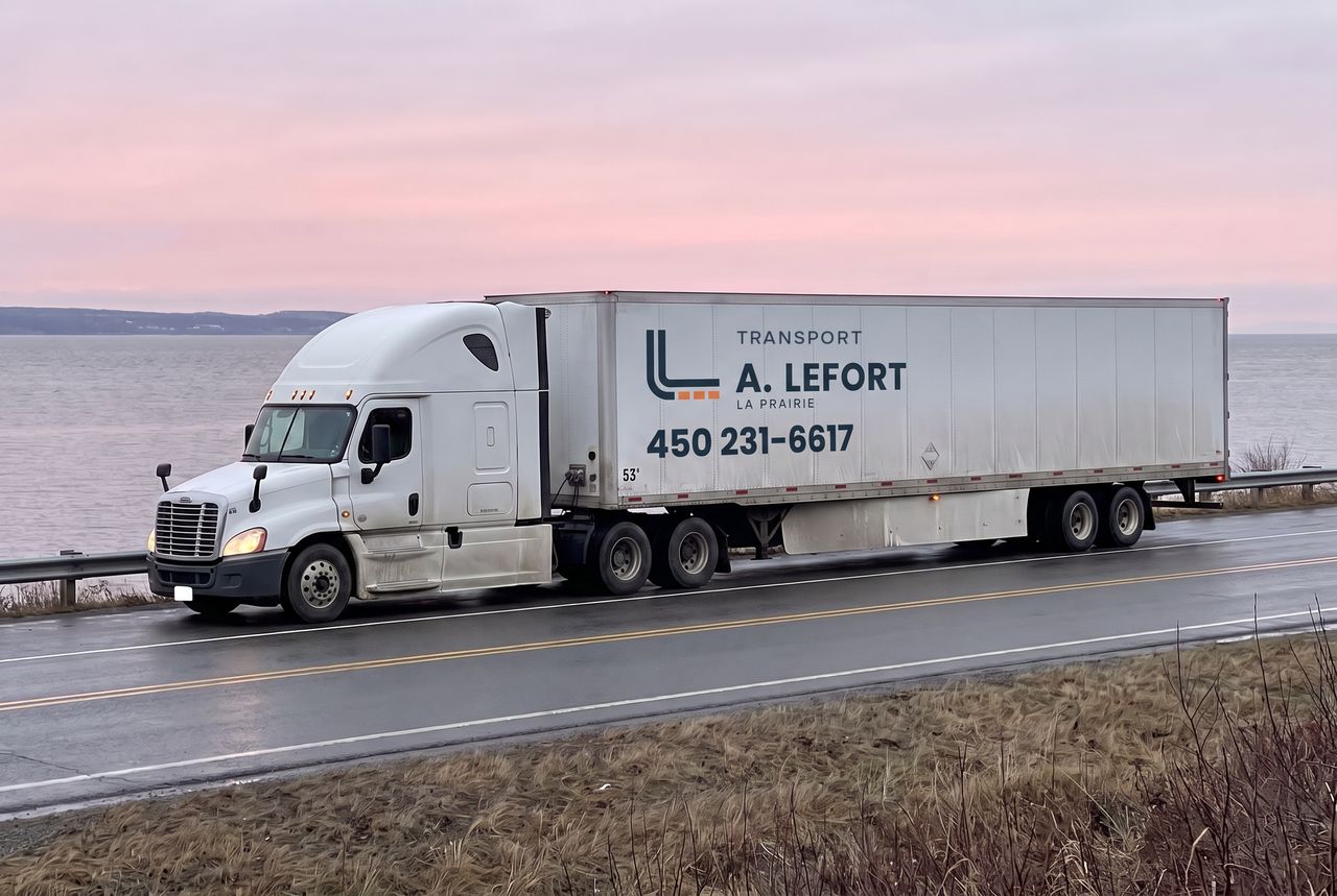Tracteur routier blanc et remorque aux couleurs d'A. Lefort Transport, sur la route devant le fleuve, au lever du jour